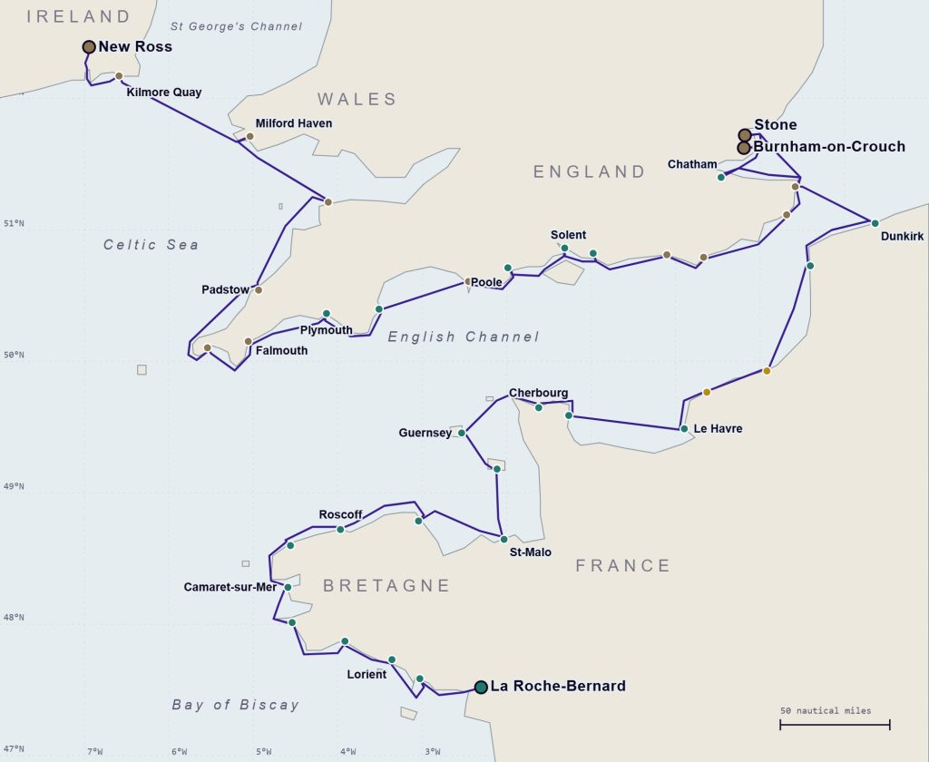 Map of the 2027 route of S.V. Arrested from New Ross via Wales and the south coast of England to La Roche-Bernard in Brittany