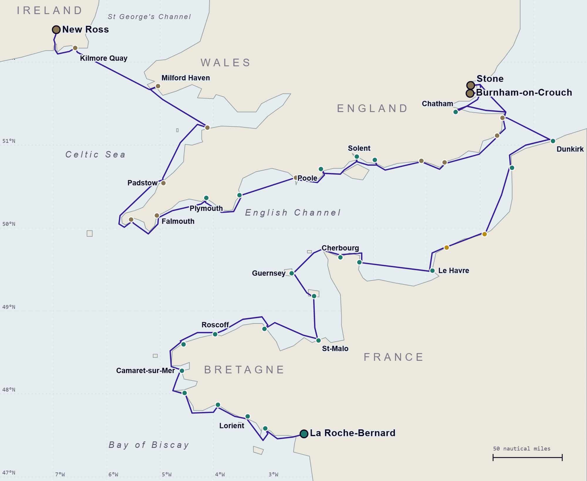 Map of the 2027 voyage route from New Ross to La Roche-Bernard